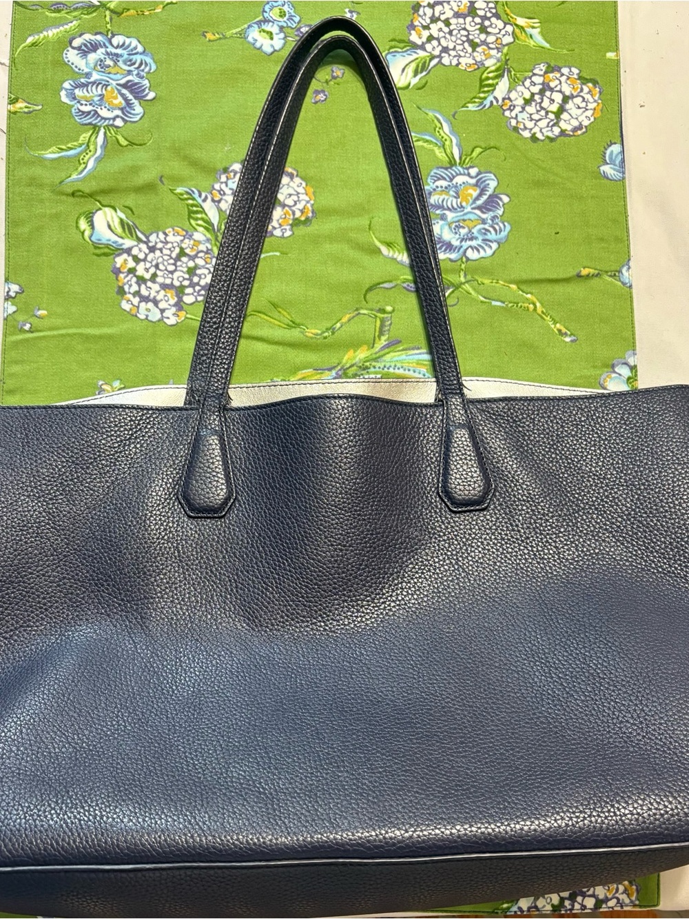 Tory Burch navy Pebbled Leather Tote with Logo Medallion 
17x11” bottom is 6” - Picture 3 of 9